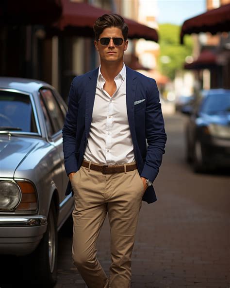 blue blazer with khaki pants.